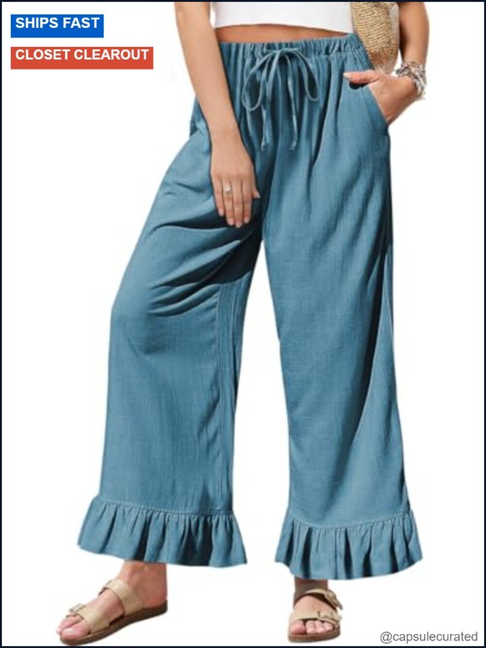 Wide Leg Linen Blend Pants Drawstring Ruffle Hem Trousers Casual Palazzo
